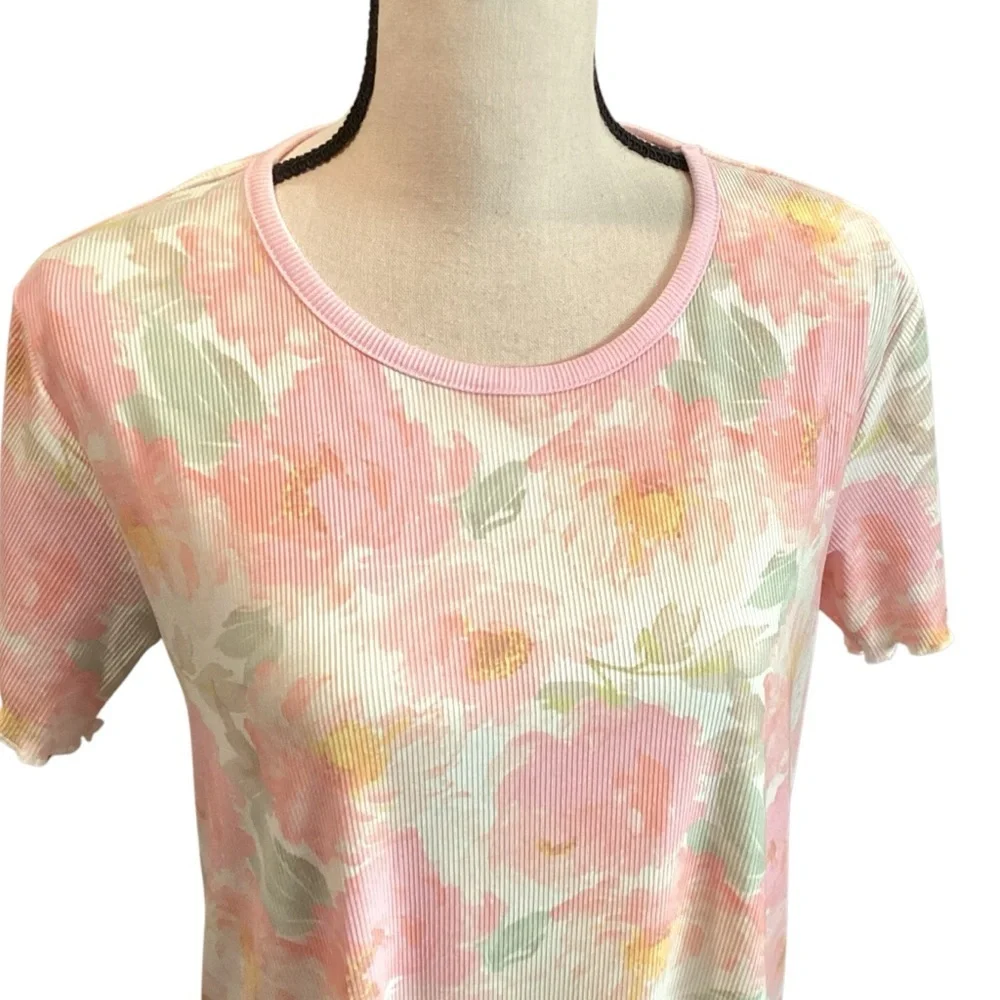 Flora Nikrooz Fine Ribbed Pink Floral‎ Scoop Neck Nightgown Sleep Shirt Small
